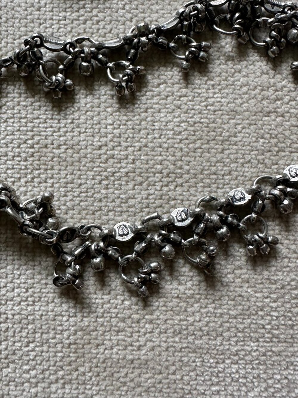 Vintage Indian Silver Tone Anklets Set of 2 Leaf Print and heart clasp